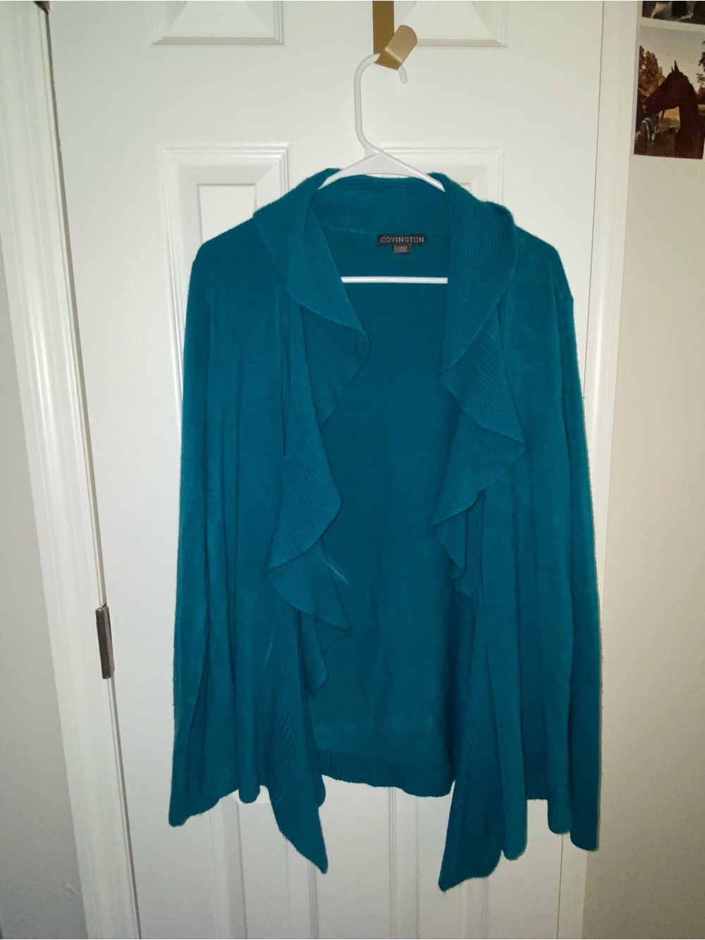 Covington Teal Ruffle-Trim Open Cardigan Sweater